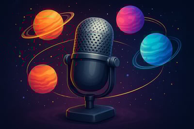 Podcast mikrofonu ve etrafında dönen renkli gezegenler